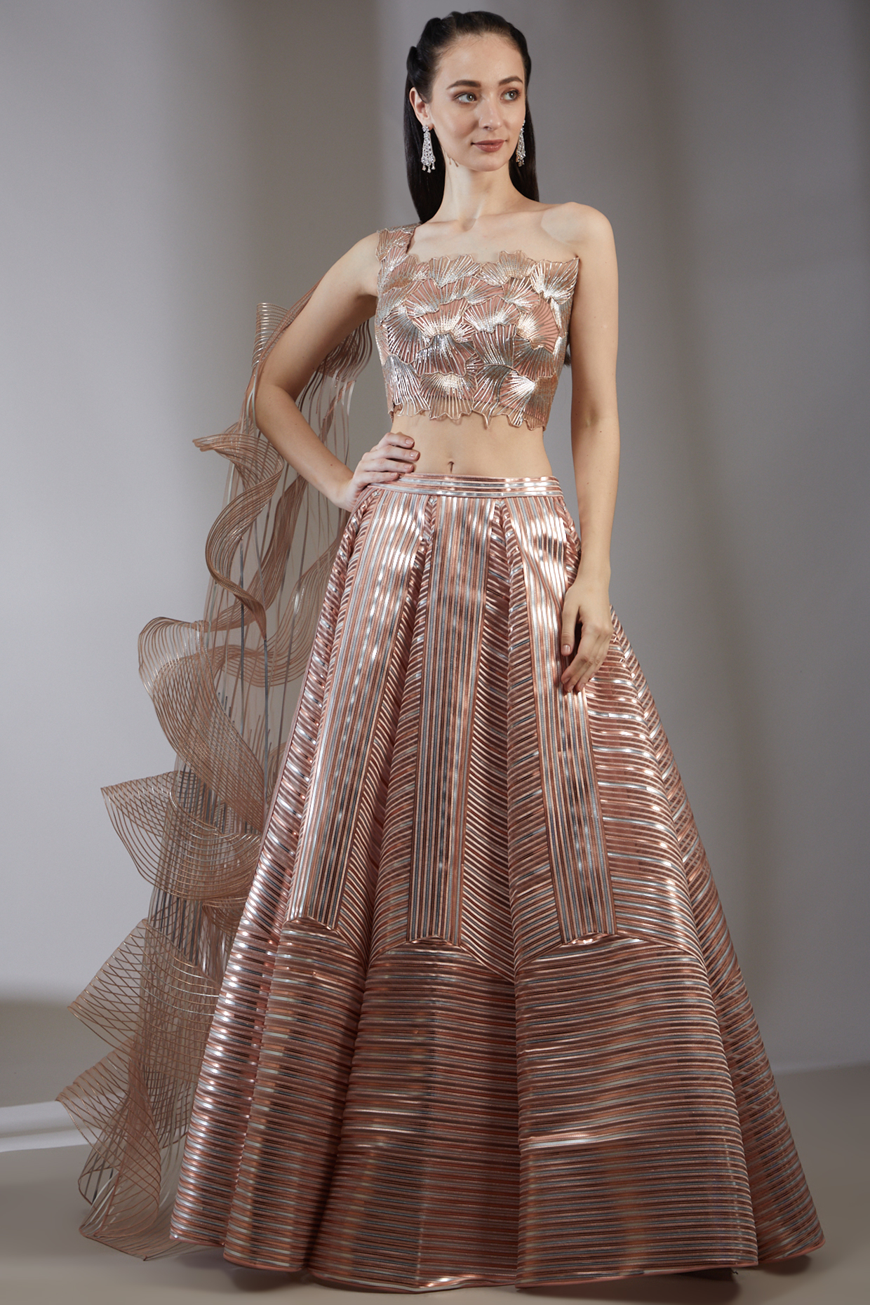 Blush Pink Tulle, Mesh, & Lace Structured Bridal Lehenga Set by Amit Aggarwal at Pernia's Pop Up Shop