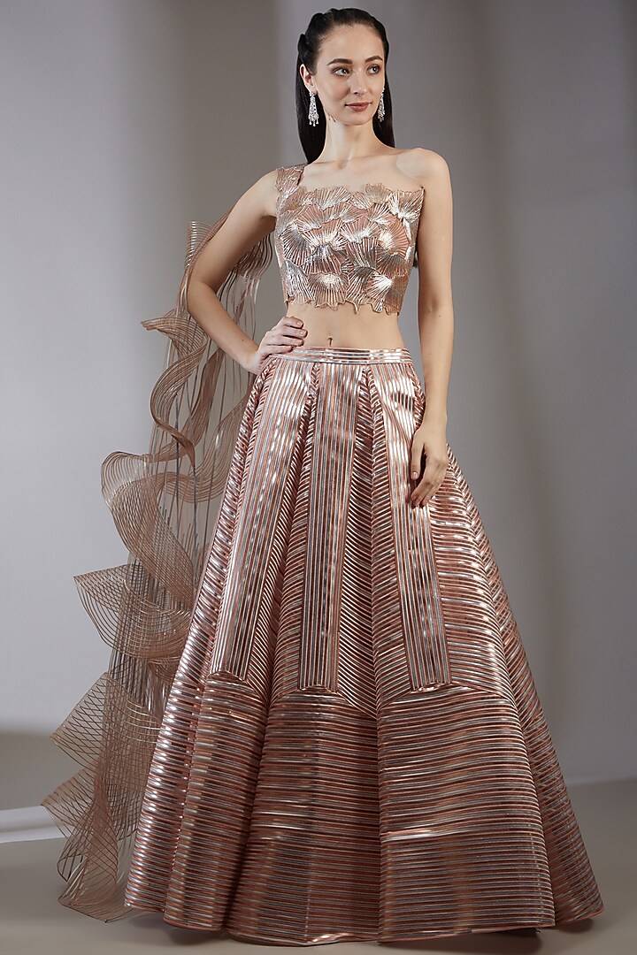 Blush Pink Tulle, Mesh, & Lace Structured Bridal Lehenga Set by Amit Aggarwal at Pernia's Pop Up Shop