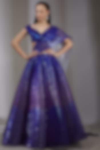 Blue Striped & Tulle Lehenga Set by Amit Aggarwal