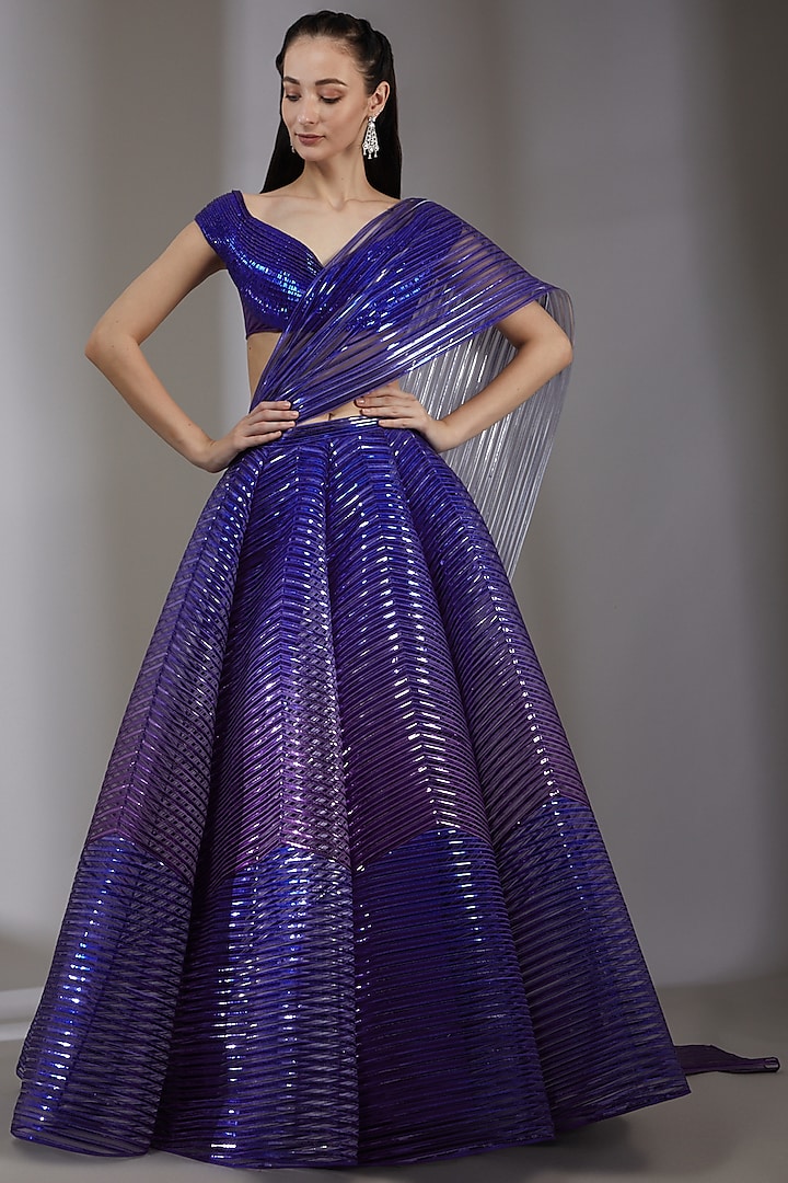 Blue Striped & Tulle Lehenga Set by Amit Aggarwal