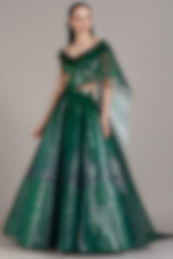 Emerald Green Striped Tulle Lehenga Set by Amit Aggarwal