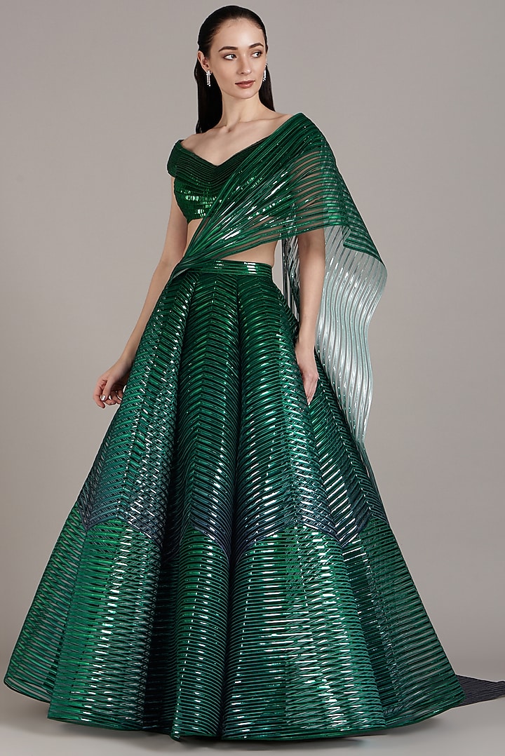 Emerald Green Striped Tulle Lehenga Set by Amit Aggarwal