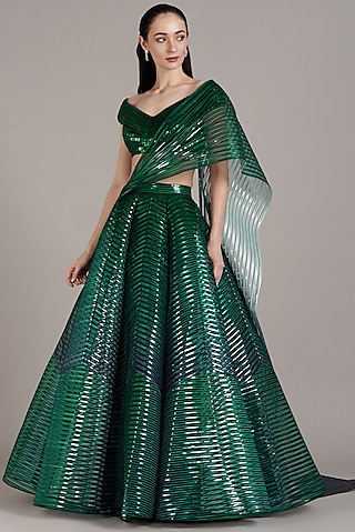 Emerald Green Striped Tulle Lehenga Set by Amit Aggarwal