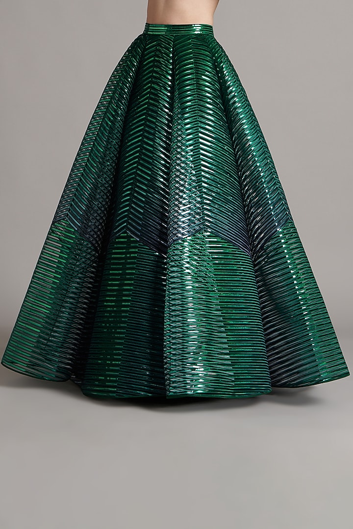 Emerald Green Striped Tulle Bridal Lehenga Set by Amit Aggarwal at Pernia's Pop Up Shop
