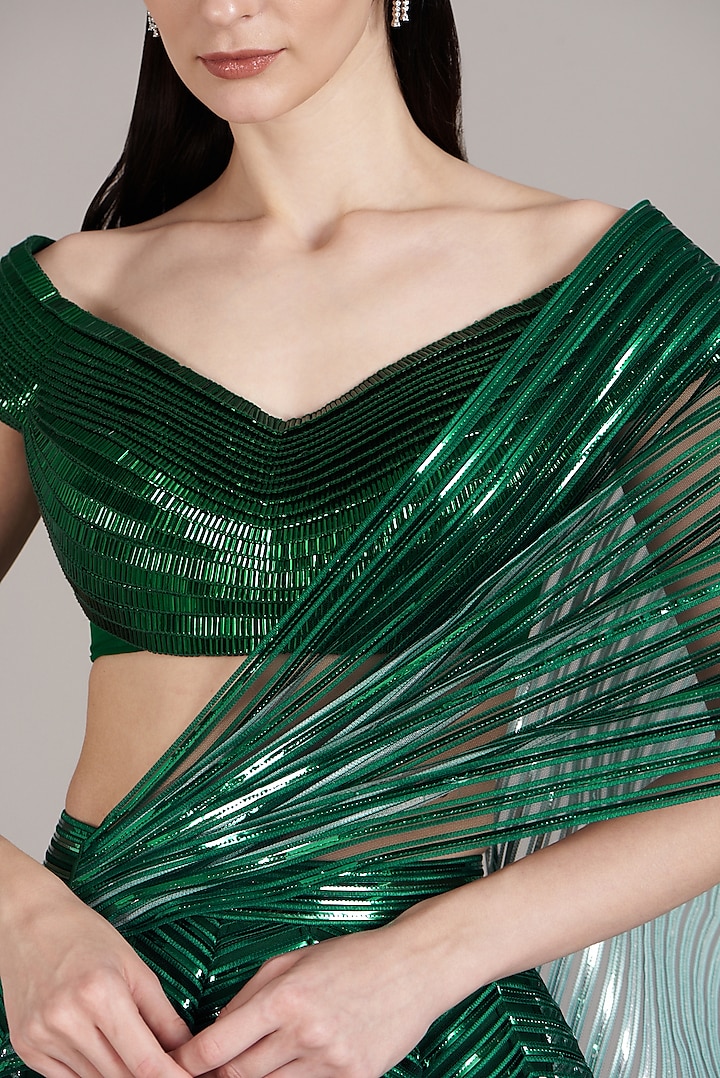 Emerald Green Striped Tulle Bridal Lehenga Set by Amit Aggarwal at Pernia's Pop Up Shop