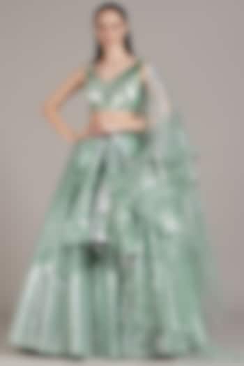 Green Striped Tulle Lehenga Set by Amit Aggarwal