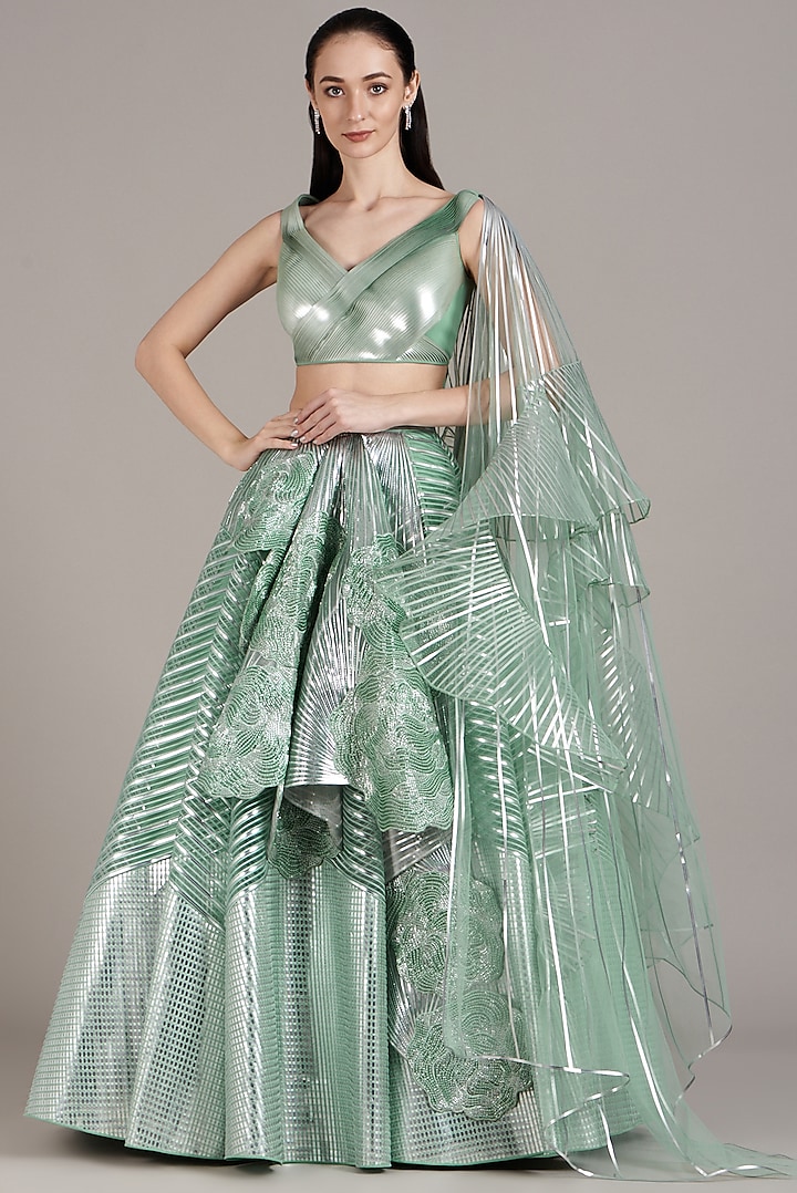 Green Striped Tulle Lehenga Set by Amit Aggarwal