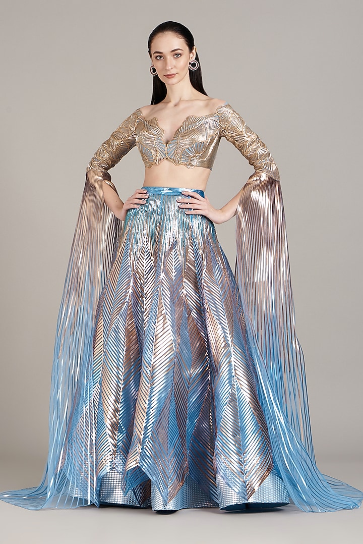 Sky Blue Tulle Bridal Lehenga Set by Amit Aggarwal at Pernia's Pop Up Shop