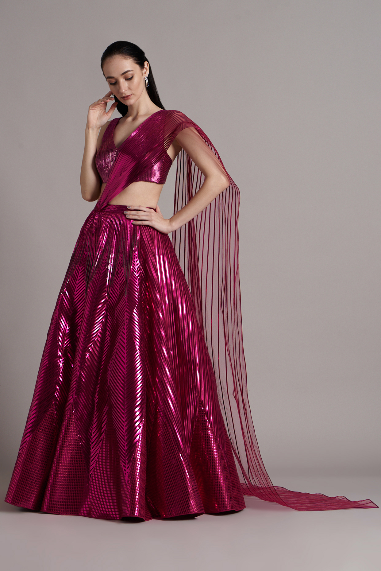 Fuchsia Striped Tulle Bridal Lehenga Set by Amit Aggarwal at Pernia's Pop Up Shop