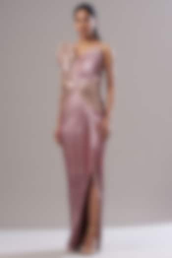 Pink Mesh Metallic Draped Gown by Amit Aggarwal