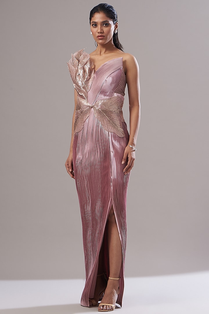 Pink Mesh Metallic Draped Gown by Amit Aggarwal