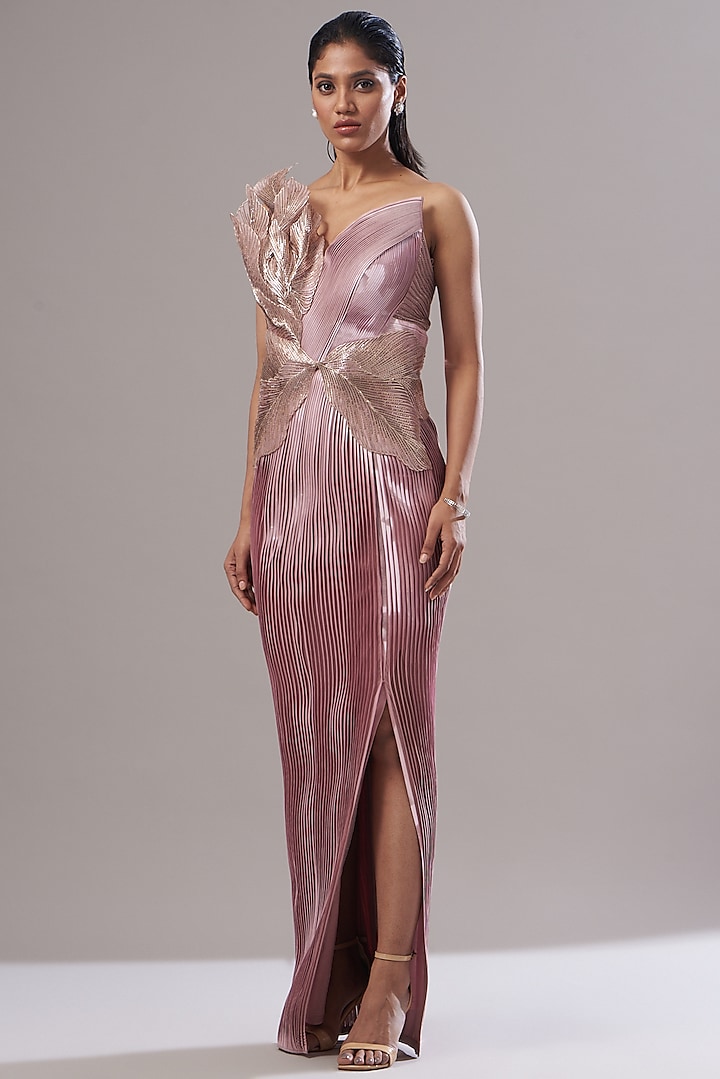 Pink Mesh Metallic Draped Gown by Amit Aggarwal at Pernia's Pop Up Shop