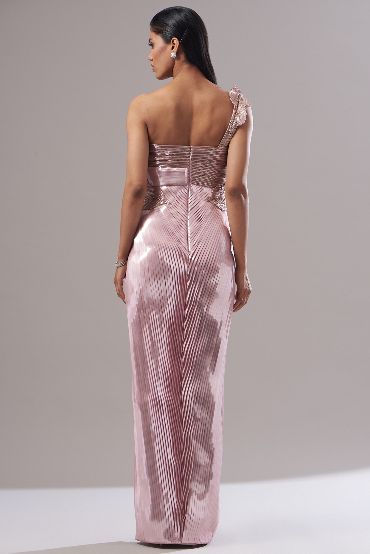 Pink Mesh Metallic Draped Gown by Amit Aggarwal at Pernia s Pop Up Shop 2024