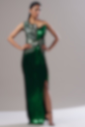 Green Mesh Metallic Draped Gown by Amit Aggarwal