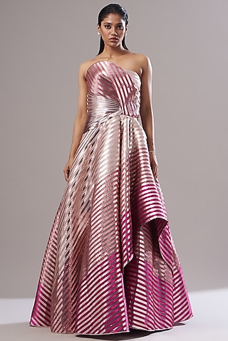 Pink Mesh Metallic Draped Gown by Amit Aggarwal