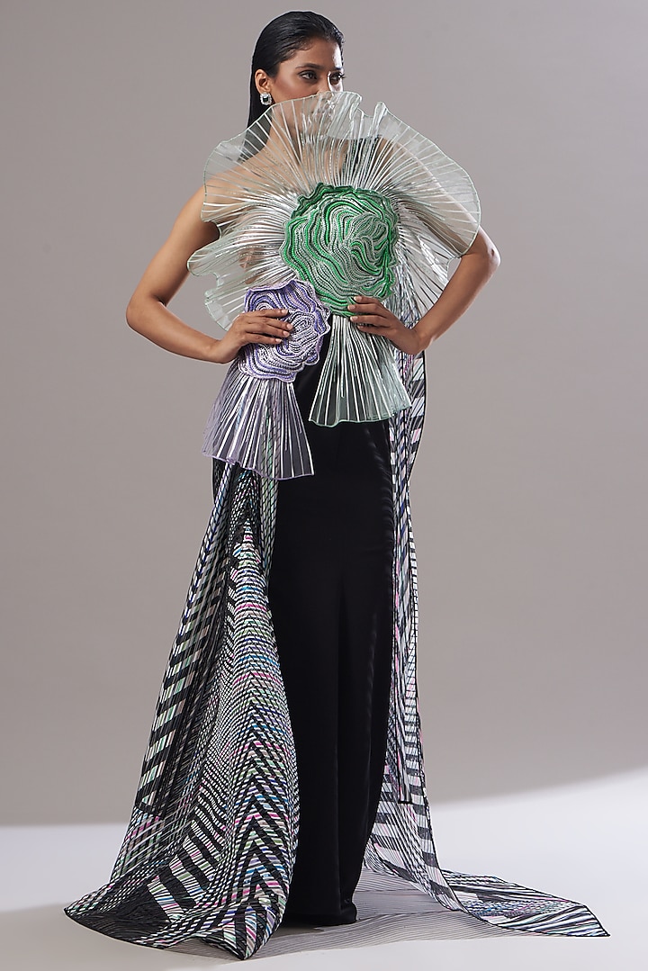 Multi-Coloured Mesh & Metallic Polymer Gown by Amit Aggarwal