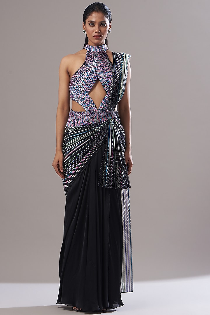 Black Metallic Pre-Draped Saree Set by Amit Aggarwal