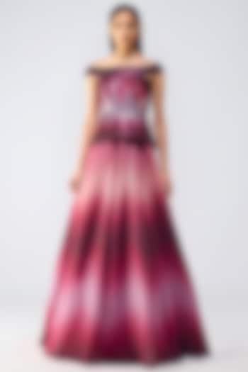 Oxblood Metallic Glitch Flared Bridal Gown by Amit Aggarwal at Pernia's Pop Up Shop