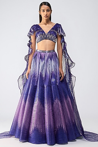 Cosmos Metallic Glitch Tulle Ombre Skirt Set by Amit Aggarwal