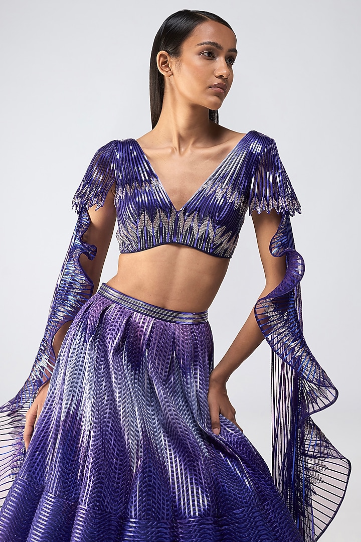 Cosmos Metallic Glitch Tulle Ombre Skirt Set by Amit Aggarwal at Pernia's Pop Up Shop