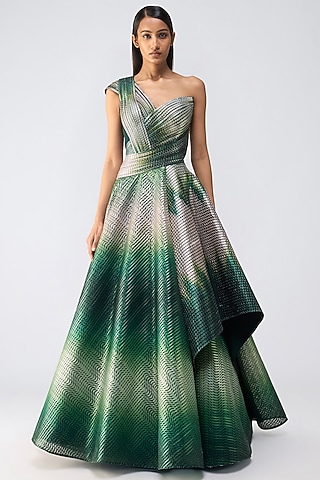 Emerald Metallic Glitch Flared Gown by Amit Aggarwal