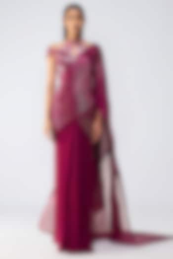 Oxblood Metallic Georgette & Tulle Pre-Draped Bridal Saree Set by Amit Aggarwal at Pernia's Pop Up Shop