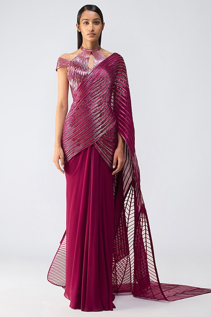 Oxblood Metallic Georgette & Tulle Pre-Draped Bridal Saree Set by Amit Aggarwal at Pernia's Pop Up Shop