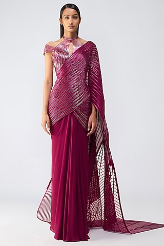 Oxblood Metallic Georgette & Tulle Pre-Draped Saree Set by Amit Aggarwal