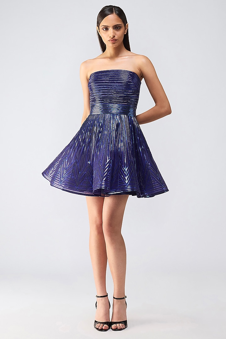 Cosmos Metallic Organza Skater Off-Shoulder Mini Party Wear Dress by Amit Aggarwal at Pernia's Pop Up Shop