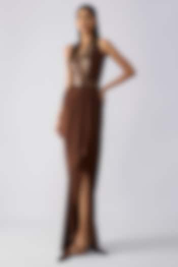 Chocolate Brown Satin Chiffon Engagement Gown by Amit Aggarwal at Pernia's Pop Up Shop