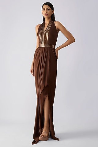Chocolate Brown Satin Chiffon Gown by Amit Aggarwal