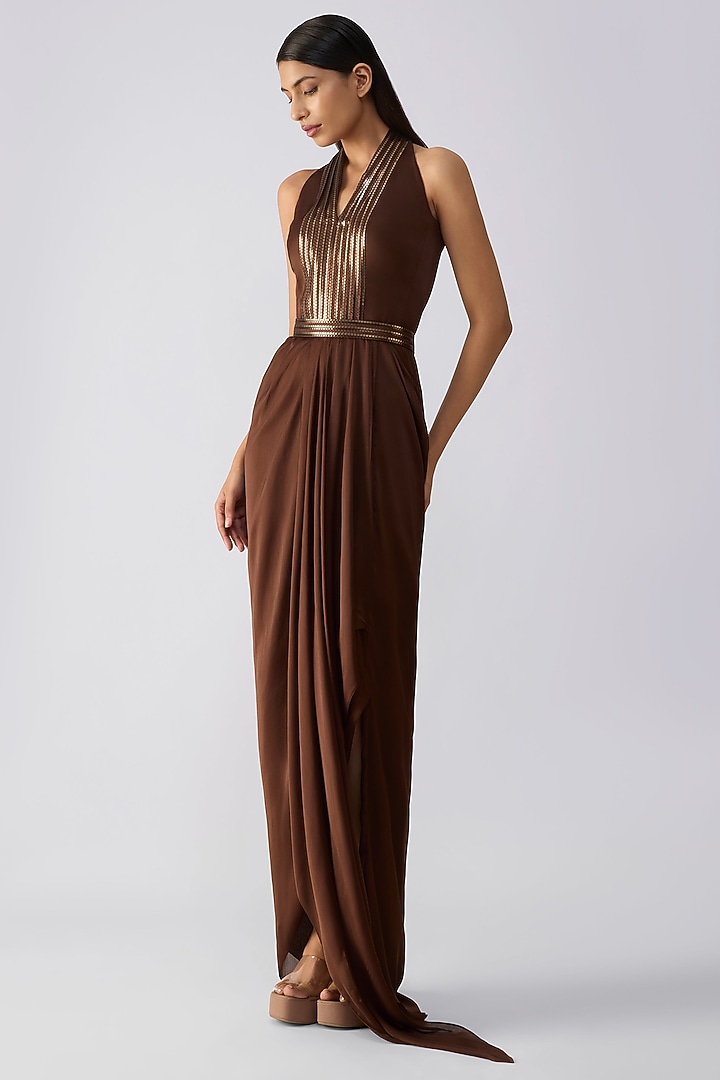 Chocolate Brown Satin Chiffon Engagement Gown by Amit Aggarwal at Pernia's Pop Up Shop