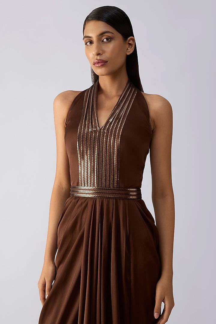 Chocolate Brown Satin Chiffon Engagement Gown by Amit Aggarwal at Pernia's Pop Up Shop