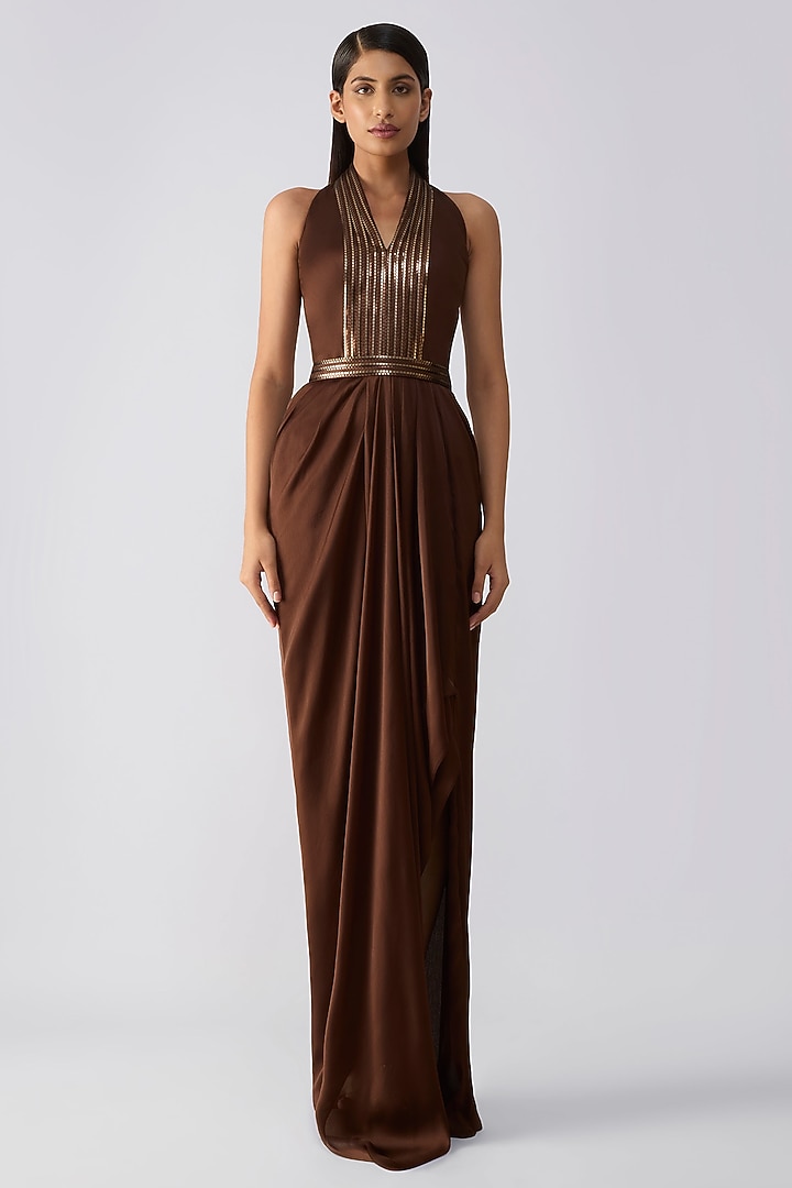 Chocolate Brown Satin Chiffon Engagement Gown by Amit Aggarwal at Pernia's Pop Up Shop