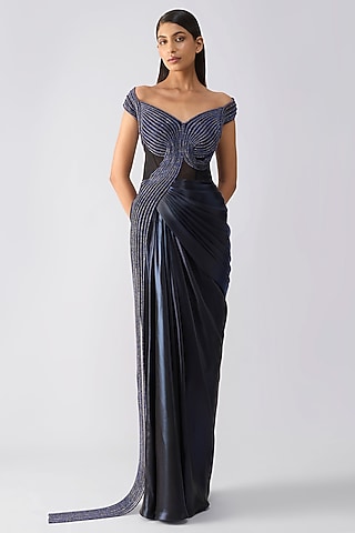 Cosmos Lame Fabric Crystal Draped Gown by Amit Aggarwal
