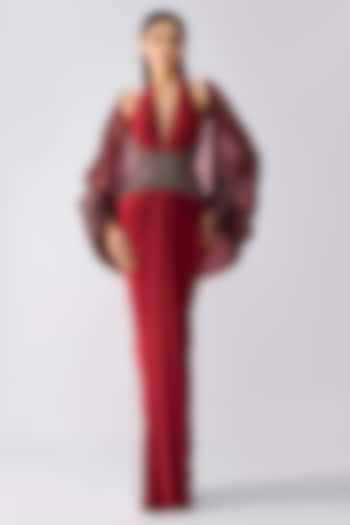 Oxblood-Colored Mineral Jersey Draped Bridal Gown With Cape by Amit Aggarwal at Pernia's Pop Up Shop
