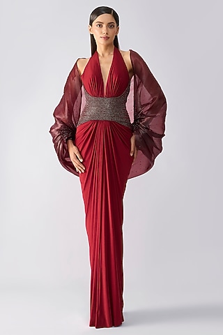 Oxblood-Colored Mineral Jersey Draped Gown With Cape by Amit Aggarwal