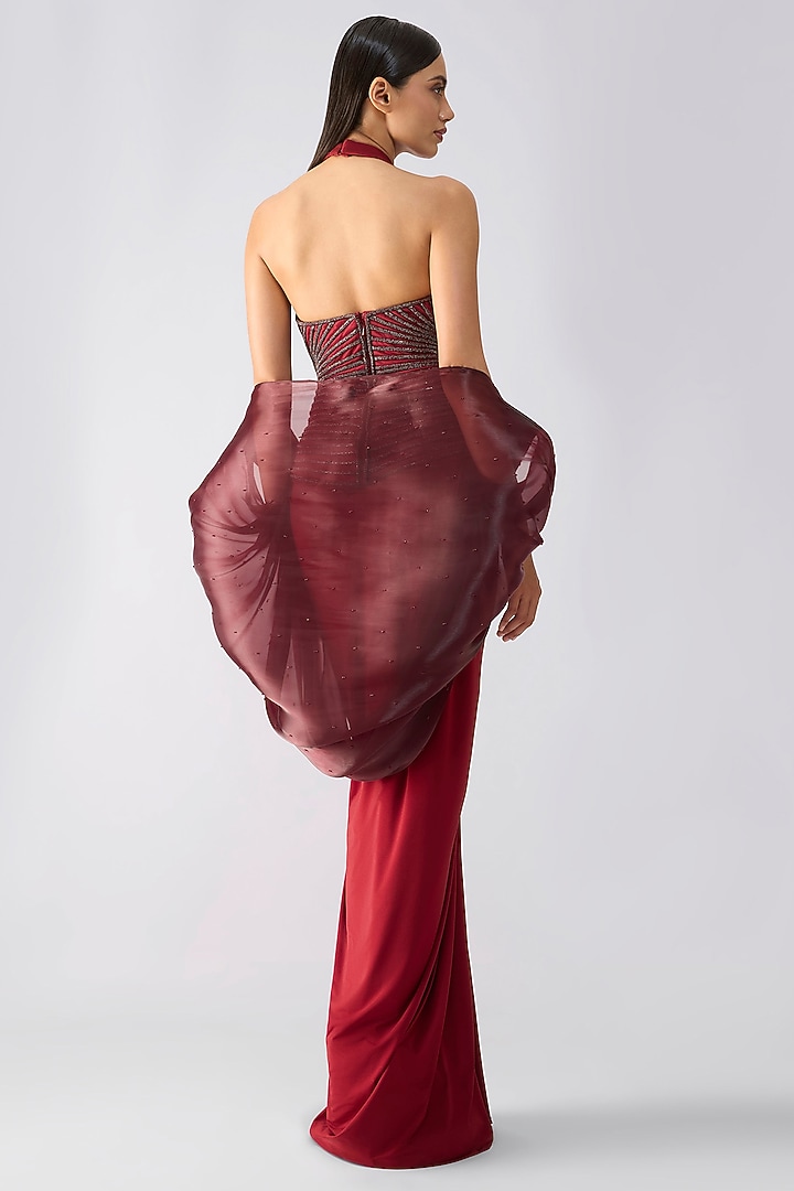 Oxblood-Colored Mineral Jersey Draped Bridal Gown With Cape by Amit Aggarwal at Pernia's Pop Up Shop
