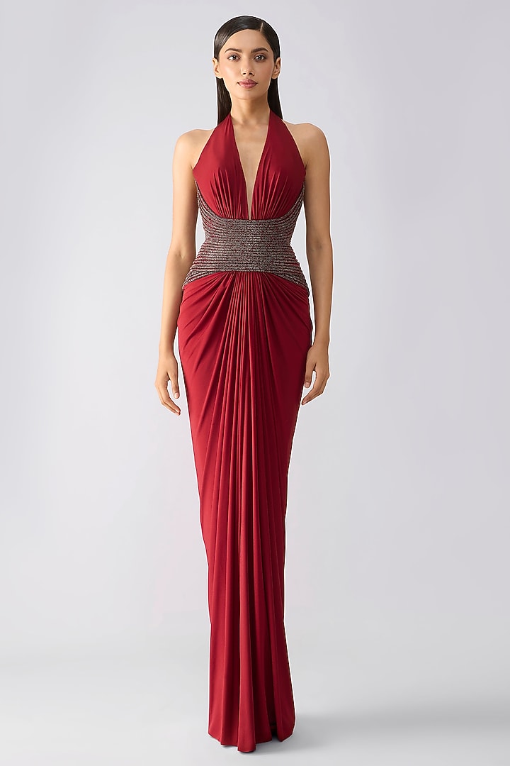 Oxblood-Colored Mineral Jersey Draped Bridal Gown With Cape by Amit Aggarwal at Pernia's Pop Up Shop