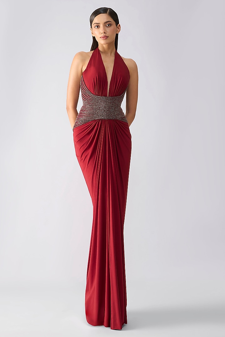 Oxblood-Colored Mineral Jersey Draped Bridal Gown With Cape by Amit Aggarwal at Pernia's Pop Up Shop
