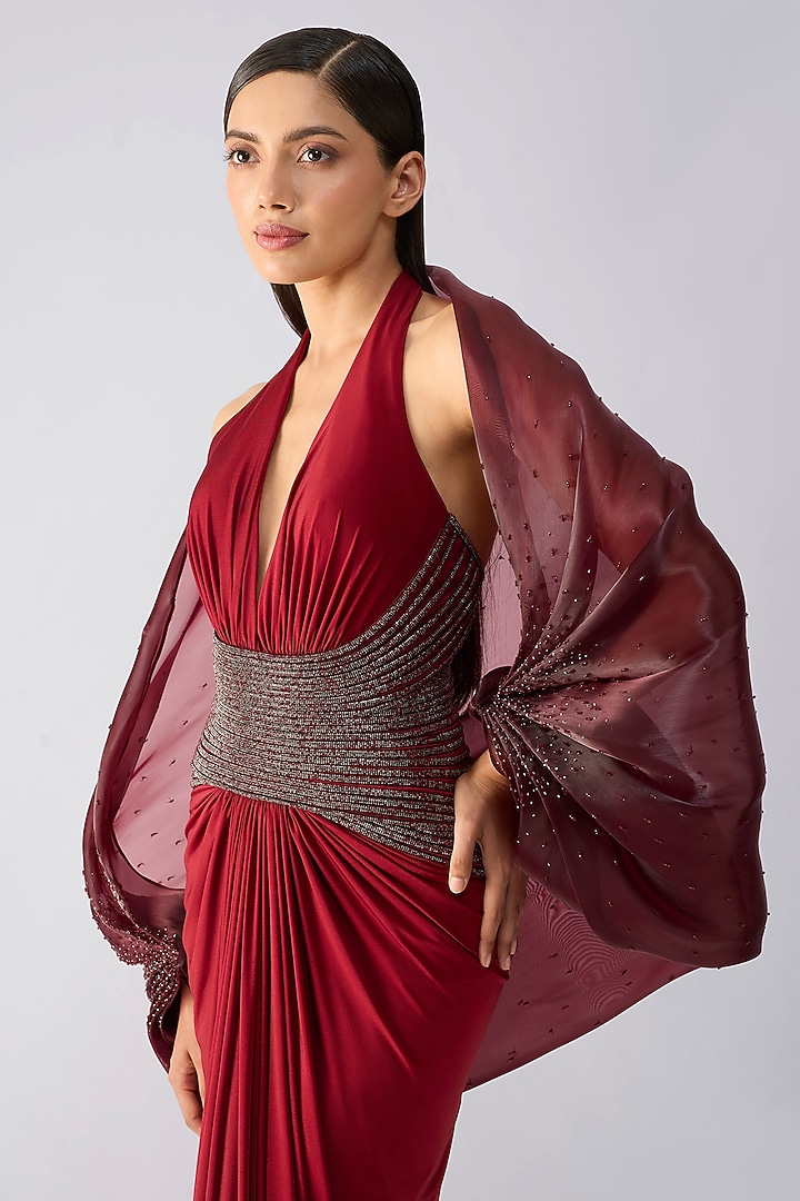 Oxblood-Colored Mineral Jersey Draped Bridal Gown With Cape by Amit Aggarwal at Pernia's Pop Up Shop
