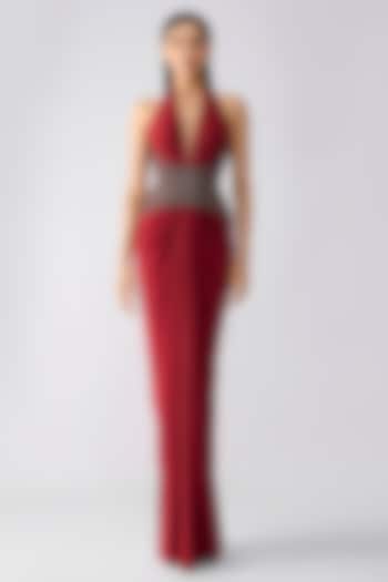 Oxblood-Colored Mineral Jersey Draped Wedding Gown by Amit Aggarwal at Pernia's Pop Up Shop