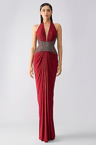 Oxblood-Colored Mineral Jersey Draped Gown by Amit Aggarwal