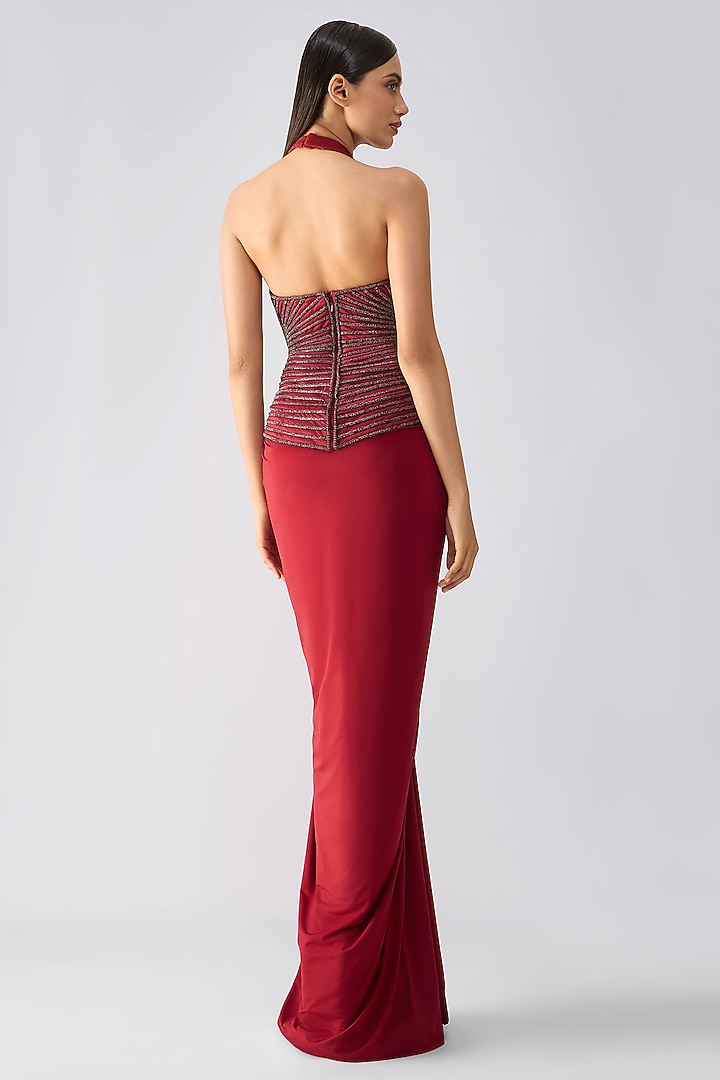 Oxblood-Colored Mineral Jersey Draped Wedding Gown by Amit Aggarwal at Pernia's Pop Up Shop