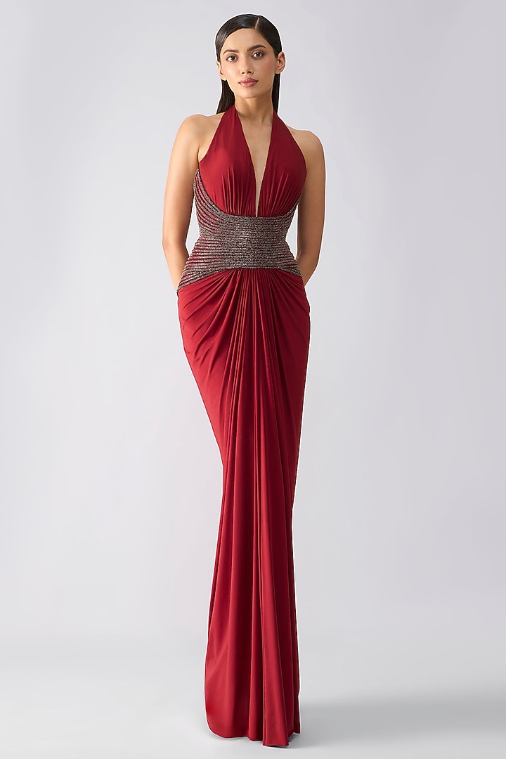 Oxblood-Colored Mineral Jersey Draped Wedding Gown by Amit Aggarwal at Pernia's Pop Up Shop