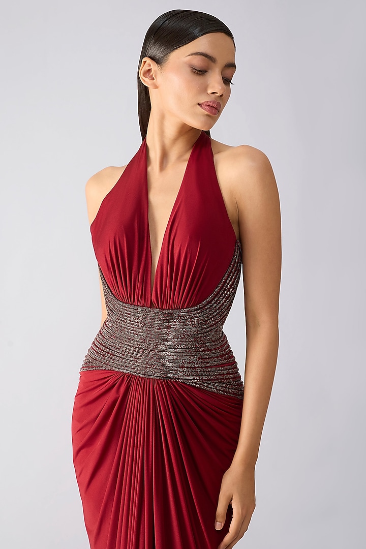 Oxblood-Colored Mineral Jersey Draped Wedding Gown by Amit Aggarwal at Pernia's Pop Up Shop