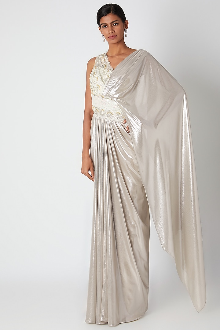 Silver Embroidered Pre-Stitched Saree by Amit Aggarwal