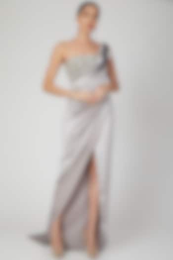 Grey Embroidered One Shoulder Gown by Amit Aggarwal