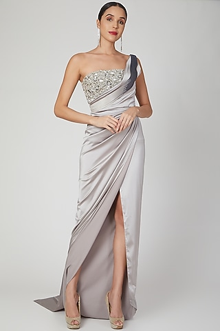 Grey Embroidered One Shoulder Gown by Amit Aggarwal