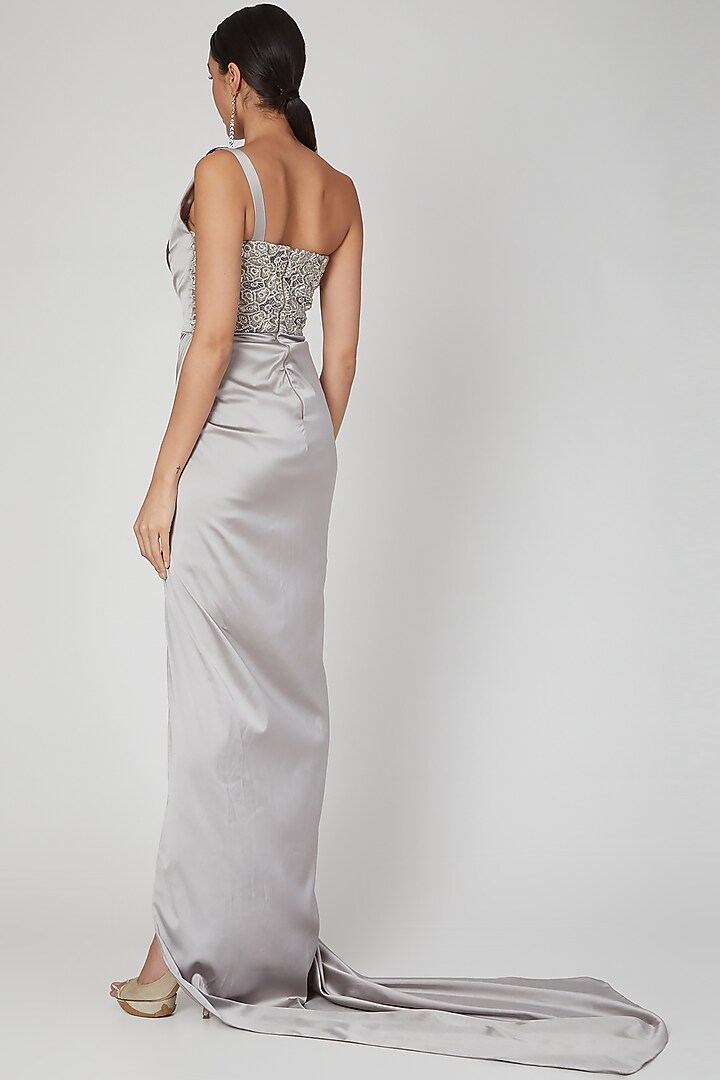 Grey Embroidered One Shoulder Gown by Amit Aggarwal at Pernia's Pop Up Shop